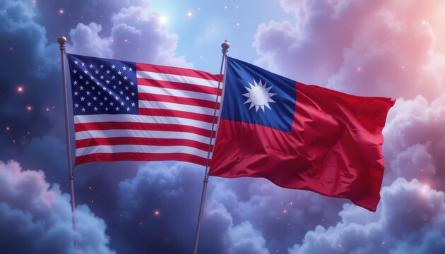 United states and taiwan flags waving artistic representation cloudy sky digital illustration symbolizing friendship
