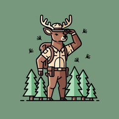 Anthropomorphic Deer Park Ranger Observing Forest Landscape.