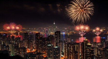 Fireworks exploding above city skyline on New Year&rsquo;s Eve