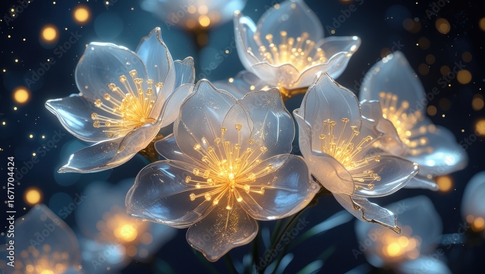Aufkleber a close-up view of translucent flowers, illuminated from within by glowing golden filaments, set aga