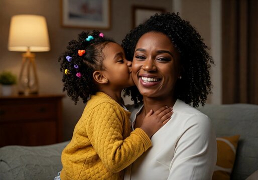 A beautiful African-American mother and her daughter are sharing a sweet moment as the girl kisses her mom on the cheek. This heartwarming image symbolizes family love, affection, and motherhood.

