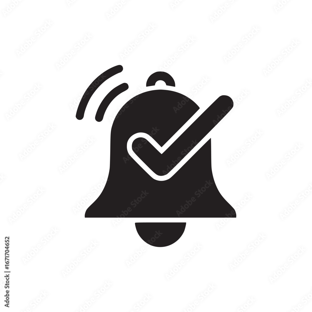 Poster a black bell icon with a checkmark over it and sound waves indicating a notification received
