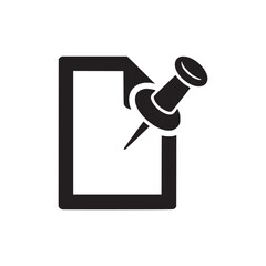 Black silhouette of a paper sheet secured with a pushpin against a plain white background design icon