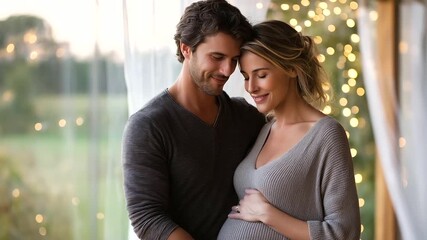 Home setting with expecting parents embracing pregnancy joy representing love, family, tenderness, anticipation, happiness, connection - Powered by Adobe