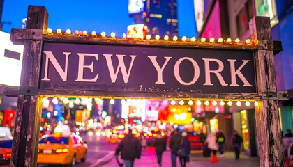 A charming sign marking the vibrant city of New York, illuminated by warm lights, stands out against the bustling nighttime scene.