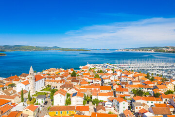 Aerial View of the center of historic town Biograd na Moru on Adriatic coast in Croatia, popular...