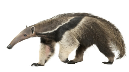 Obraz premium Giant Anteater Isolated on Black Background Walking with Confidence and Displaying its Distinctive Physical Features Ready to Find Food in the Wild