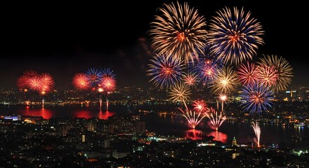 Fireworks exploding above city skyline on New Year&rsquo;s Eve