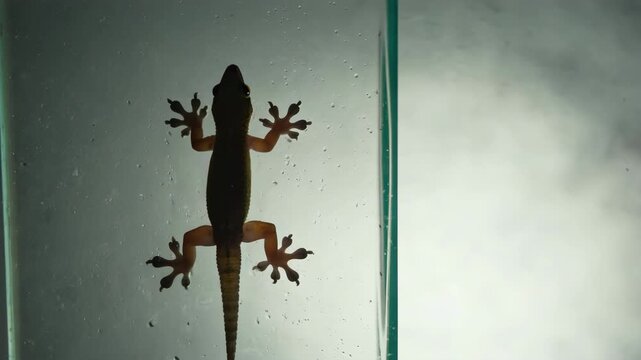 Observe Gecko climbing on glass: Close-up, detail-rich footage of lizard locomotion and animal