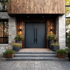 Obraz premium Modern home entryway with dark gray door, wood paneling, and stone accents