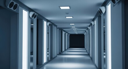 An empty futuristic and modern corridor with white and gray walls and bright lights presents a