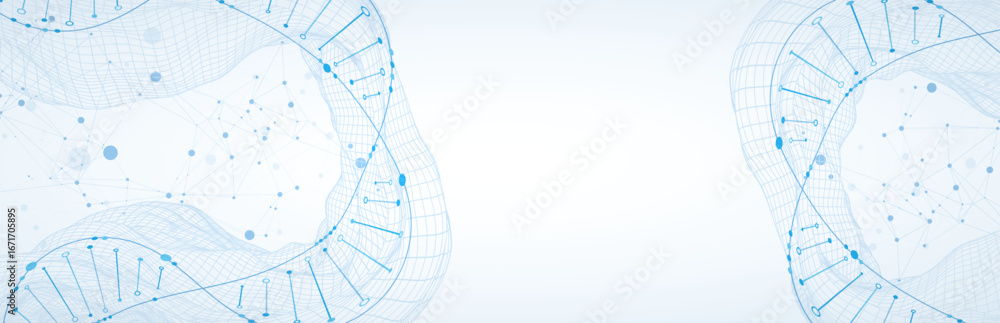 Poster abstract image of dna molecule on wireframe wave. scientific vector background.