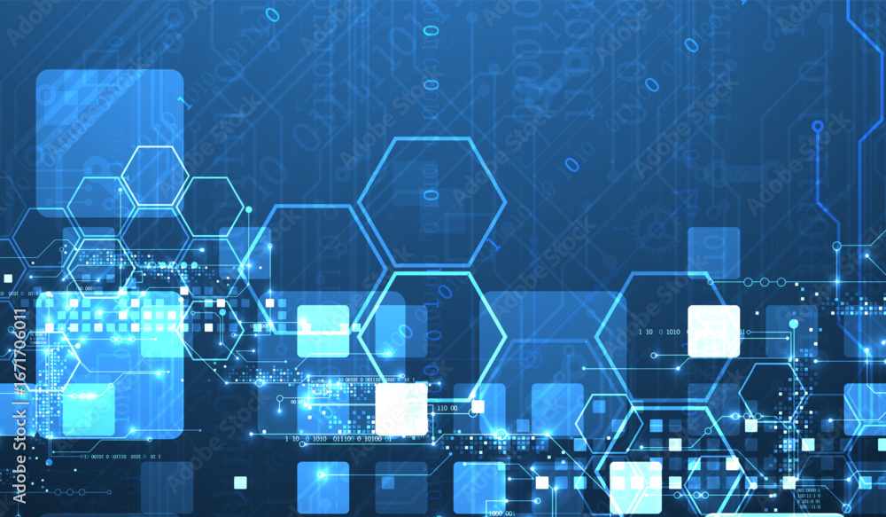 Poster a technical background using technological lines, squares, and hexagons combined into an art composi