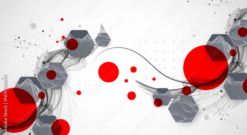 Aufkleber scientific and technological background. wave with wireframe hexagons of different types on a gray g