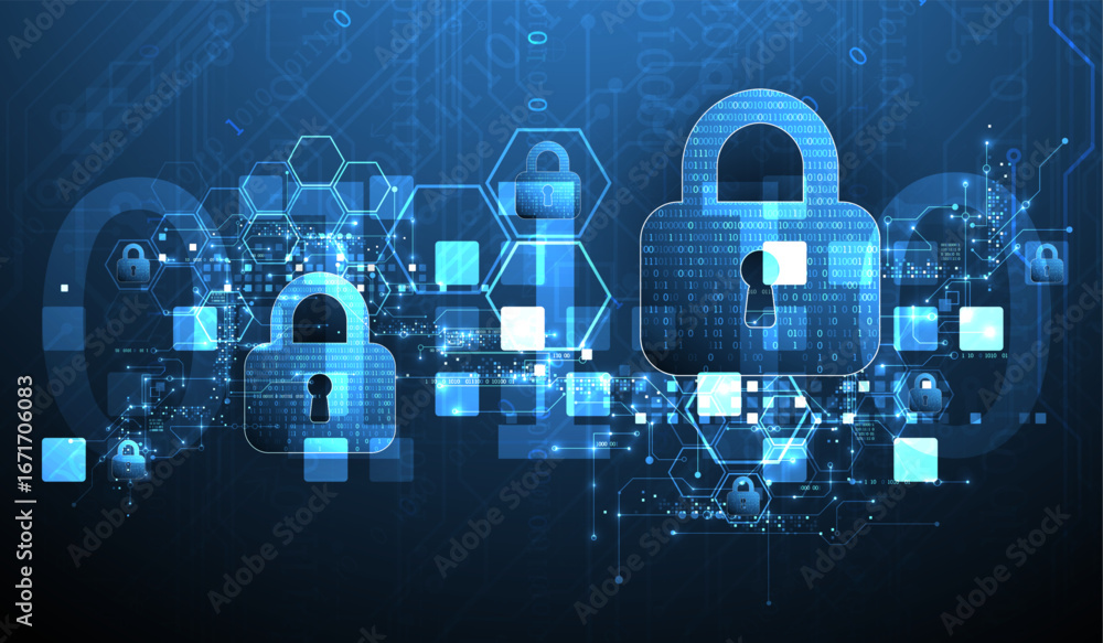 Poster abstract technological background on the topic of information protection. various technological elem