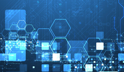 A technical background using technological lines, squares, and hexagons combined into an art composition.