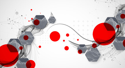 Scientific and technological background. Wave with wireframe hexagons of different types on a gray gradient.
