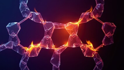 Abstract glowing crystal structure with fire connecting the geometric shapes in a dark background
