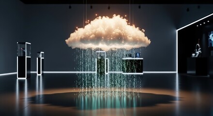 Conceptual digital data cloud raining information inside sleek technology showroom