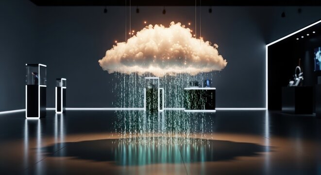 Conceptual digital data cloud raining information inside sleek technology showroom