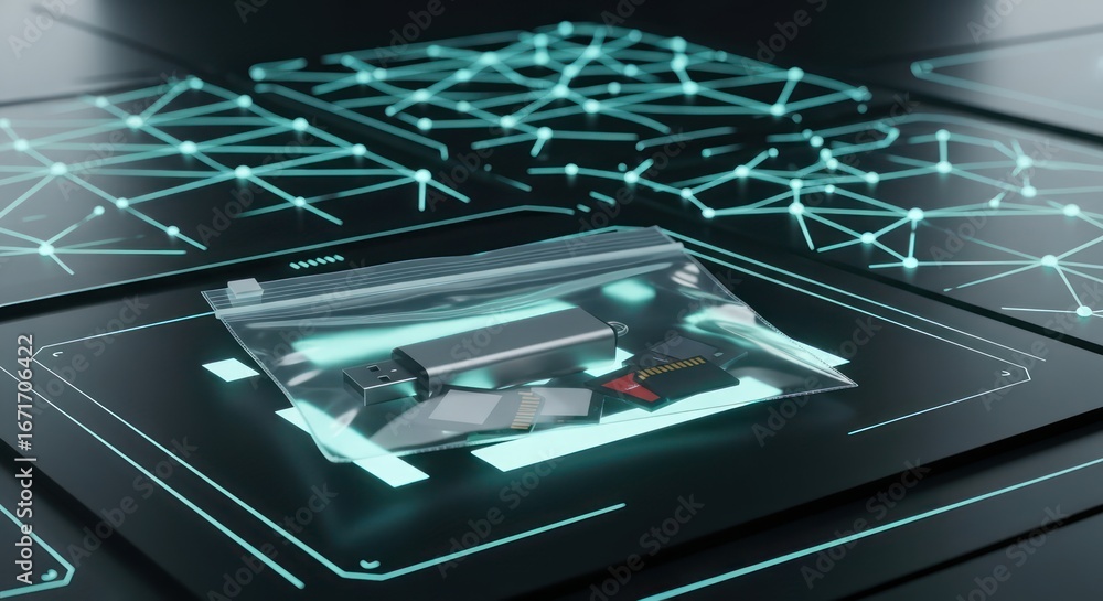 Fototapete data security and storage concept with flash drive and memory cards on abstract surface with