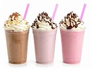 Delicious Creamy Milkshake Variation with Toppings in Plastic Cup Isolated
