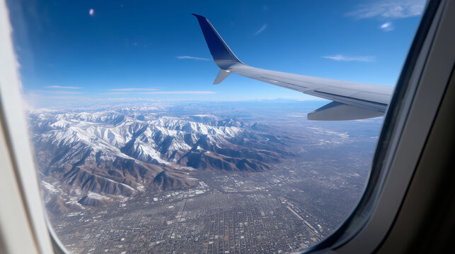 Snow-covered mountains and cityscape view from airplane window during flight above Utah