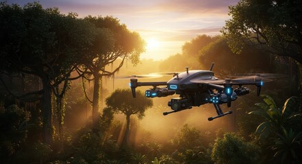 Drone exploration of the tropical forest at sunrise amidst the dense green canopy