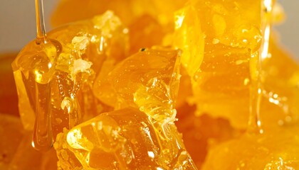 Golden honeycombs dripping sweet, viscous honey