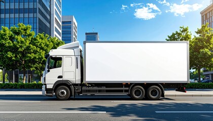 Realistic Commercial Delivery Transportation Truck on Urban Road and Clear Sky