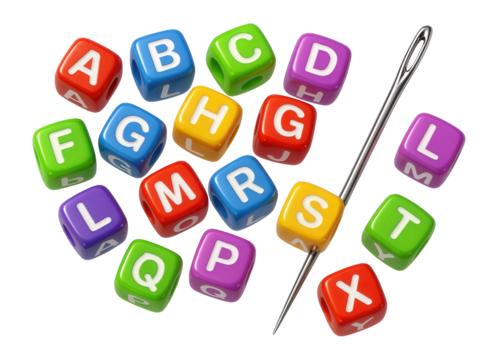 Set of alphabet beads with a threading needle