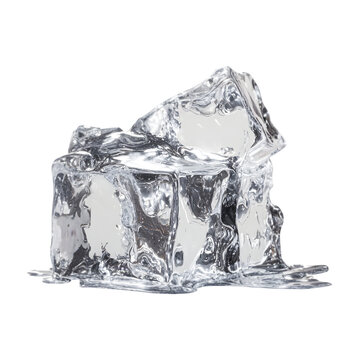 Cracked and melting ice cubes stacked together in a pile isolated on transparent background