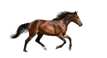 A realistic PNG of a brown horse galloping at full speed with mane flying, sharp detail on white background.