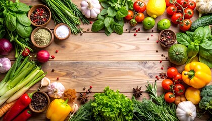 Top-down view of vibrant fresh vegetables, herbs, and spices arranged symmetrically around a rustic wooden surface