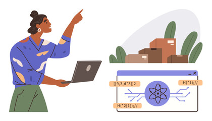 Woman holding laptop and gesturing towards digital data interface. Boxes, plants, futuristic interface. Ideal for technology, logistics, supply chain, analysis, smart solutions e-commerce simple