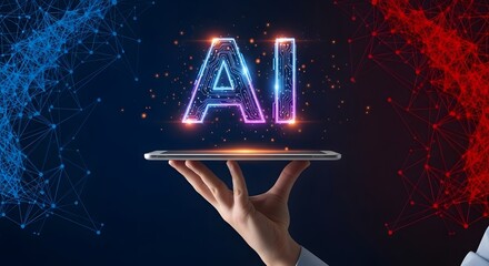 Ai artificial intelligence technology concept businessman hand holding digital interface