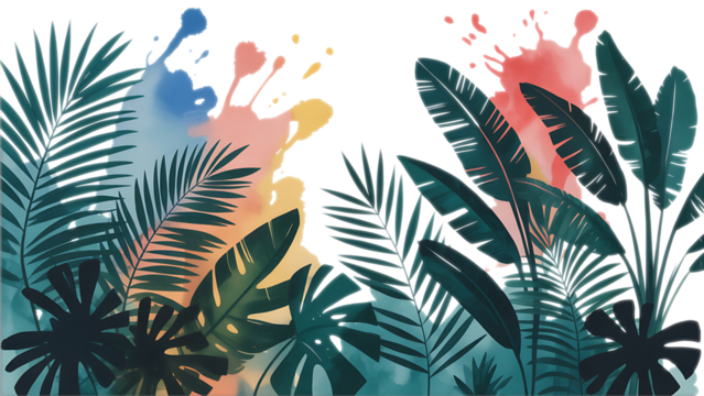 Tropical Leaves Silhouette with Watercolor Ink Abstract white Background.Hand drawn leaf and flower isolated elements. - Powered by Adobe