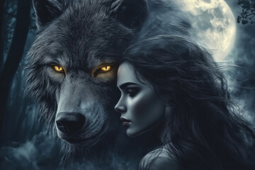 Painting of a young woman and a werewolf