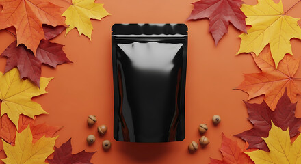 Glossy Black Pouch Mockup Framed by Vibrant Autumn Maple Leaves and Hazelnuts.