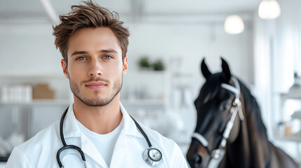 Portrait of a beautiful female veterinarian wearing a stethoscope, standing beside a dark horse, symbolizing professional veterinary care, animal health, and medical expertise, banner with copy space