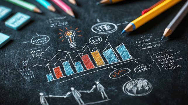 Creative chalkboard drawing of business graph with colorful bars, light bulb, and sketches of people collaborating, conveying innovation