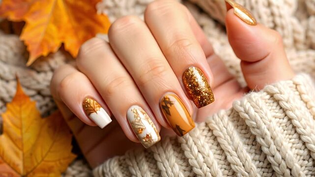 Autumn nail art design closeup