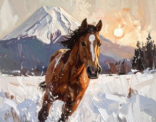 馬と富士山の油画