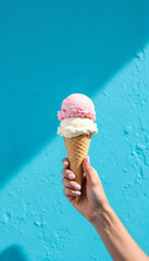 Hand holding ice cream cone with white and pink scoops against blue wall	