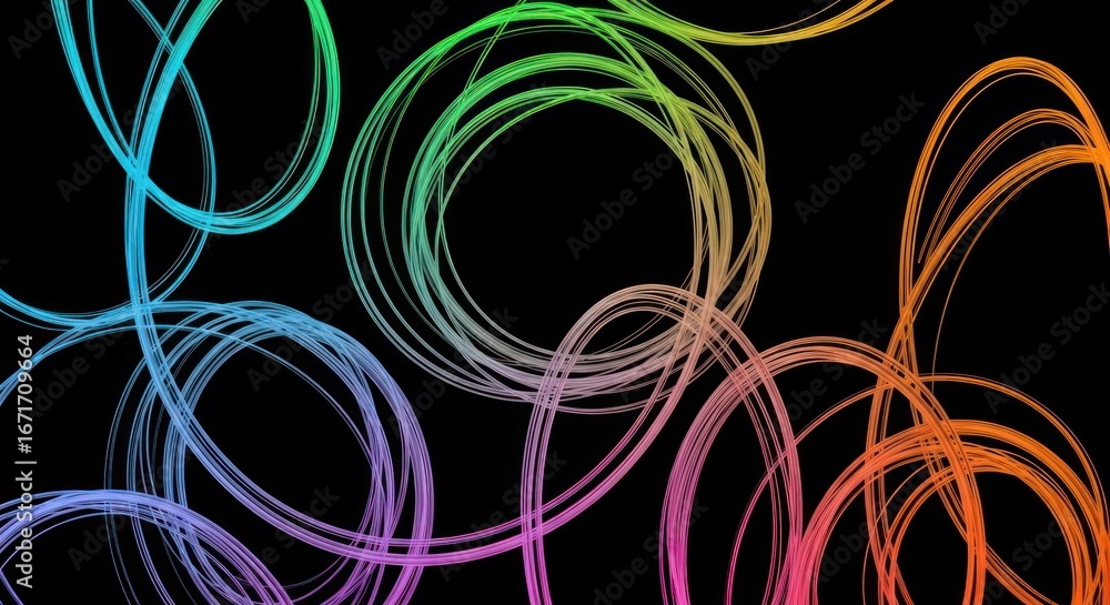 Poster radiant circular flow with luminous trails on pitch-black canvas showcasing fluidity
