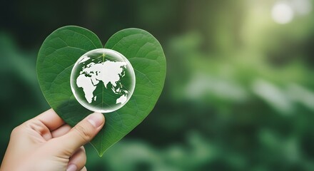 Eco friendly earth day concept hand holding heart shaped leaf with globe environmental conservation