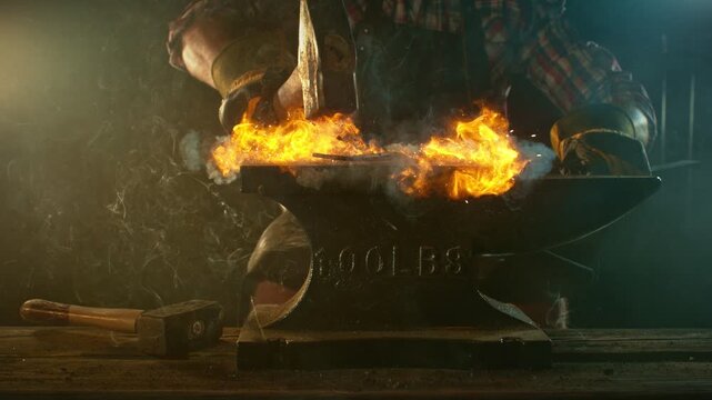 Cinematic close-up of blacksmith forging glowing hot iron on anvil with sparks flying. Shot in dramatic lighting on dark background with high-speed camera at 1000fps.