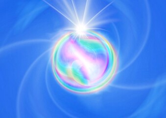 青空に抽象的な虹の球体と光輝く太陽の3dイラスト