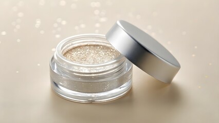 Clear Eyeshadow Glitter Pot Mockup with Sparkly Finish in Soft Lighting – Blank Cosmetic Jar for Professional Makeup Branding, Luxury Beauty Packaging, and Product Showcase Design