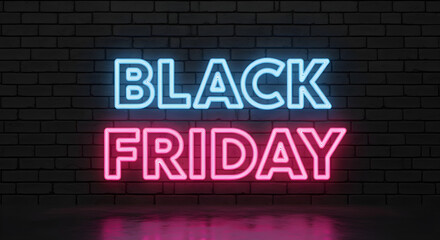 Fototapeta premium Neon pink and blue glowing “Black Friday” text over a dark brick wall background